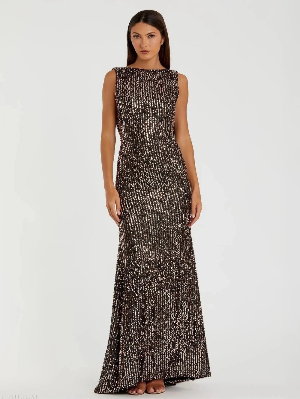 Ieena for Mac Duggal Brown Cowl Back Boat Neck Sequined Evening Gown Dress